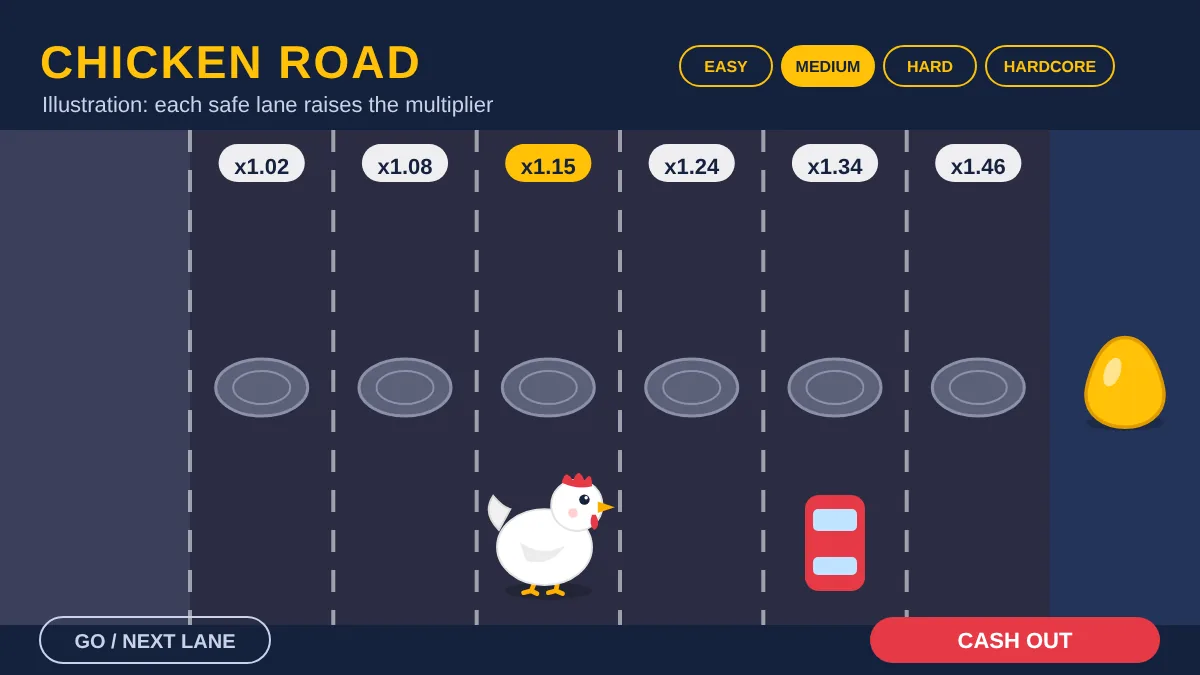 Illustration of the Chicken Road game board: hen, lanes and multipliers